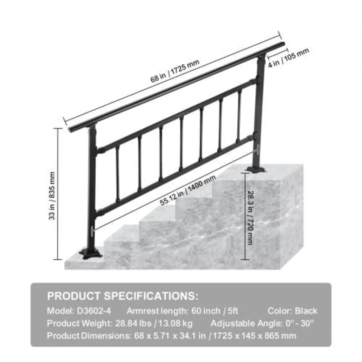 Outdoor Stair Railing, Fits for 1-4 Steps Transiti - Image 4