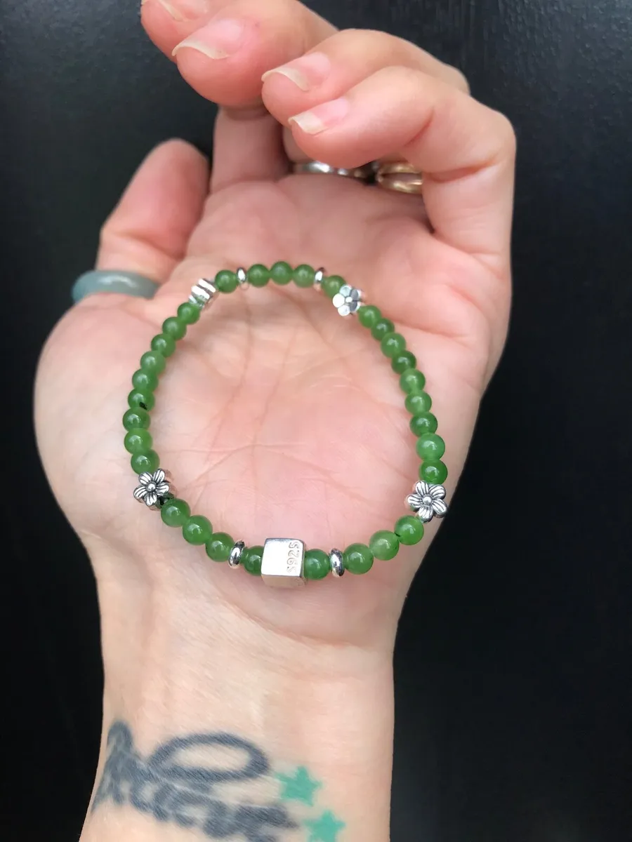 Natural Nephrite Jade Bracelet • 4mm • Silver Mix - Image 3