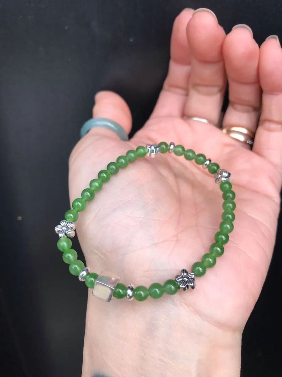 Natural Nephrite Jade Bracelet • 4mm • Silver Mix - Image 4