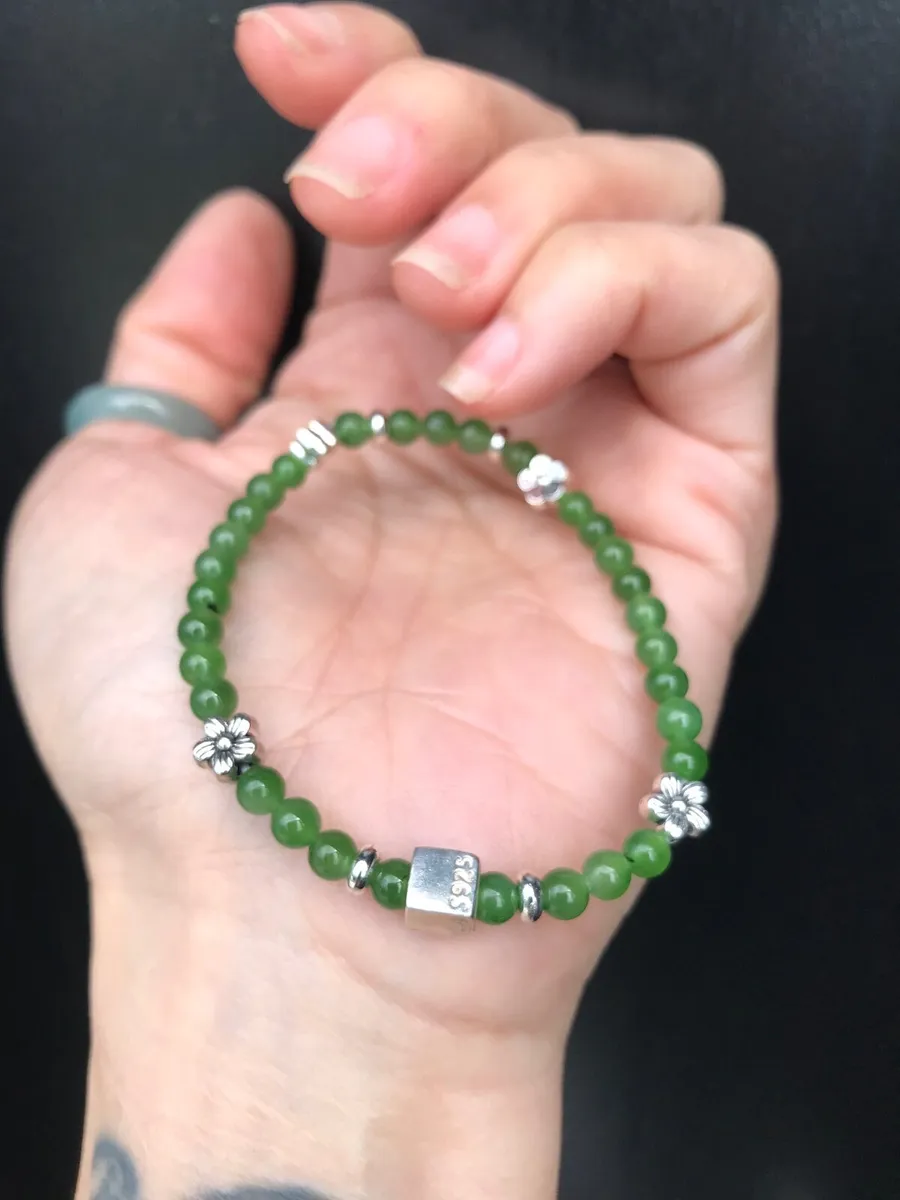 Natural Nephrite Jade Bracelet • 4mm • Silver Mix - Image 1