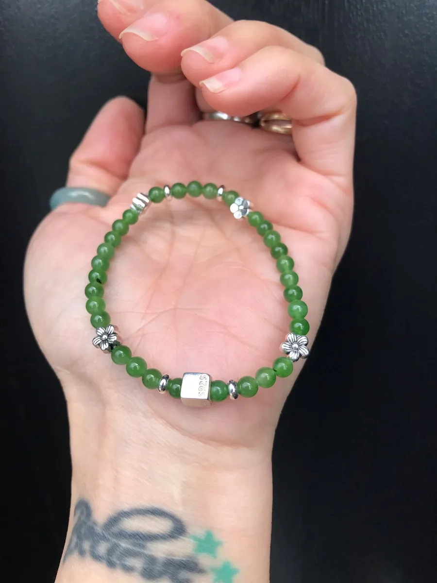 Natural Nephrite Jade Bracelet • 4mm • Silver Mix - Image 2