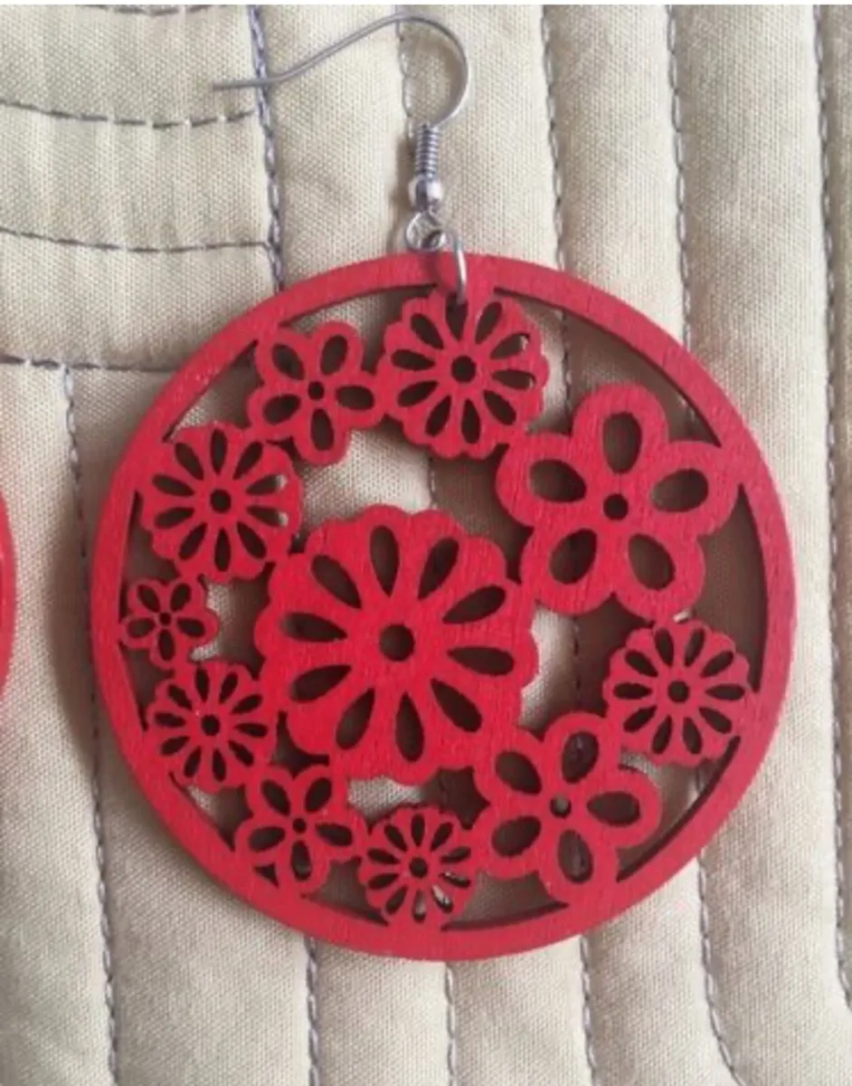 Earrings, laser cut wood - Red - Image 1