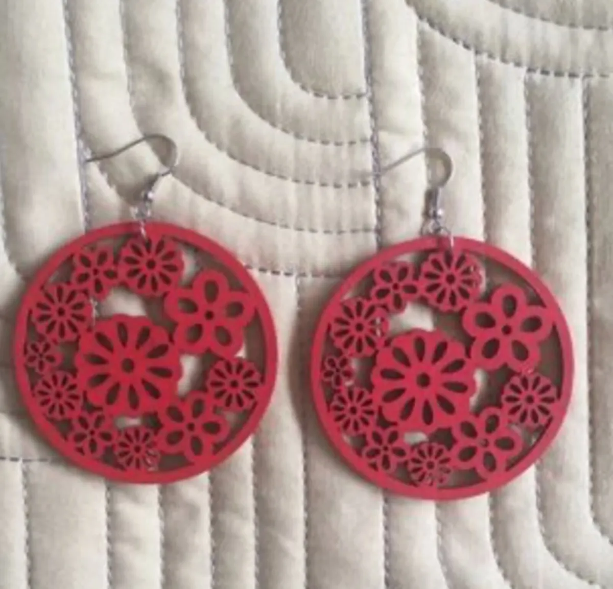 Earrings, laser cut wood - Red - Image 2