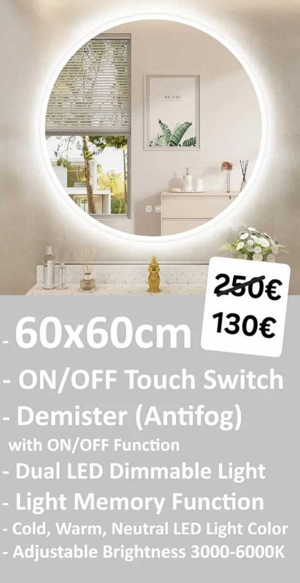 LED Bathroom Mirror 60cm Fog Free Demister Touch - Image 1