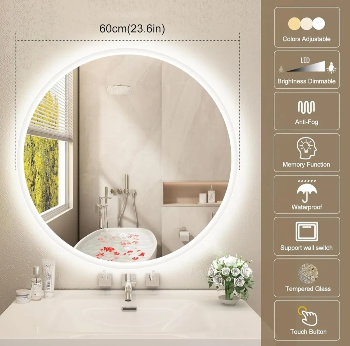 LED Bathroom Mirror 60cm Fog Free Demister Touch - Image 2
