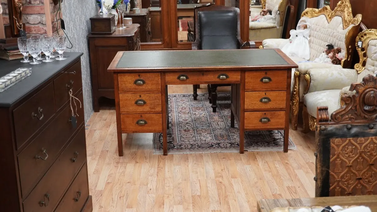 Vintage Oak Desk with Green Leather Top - Image 1