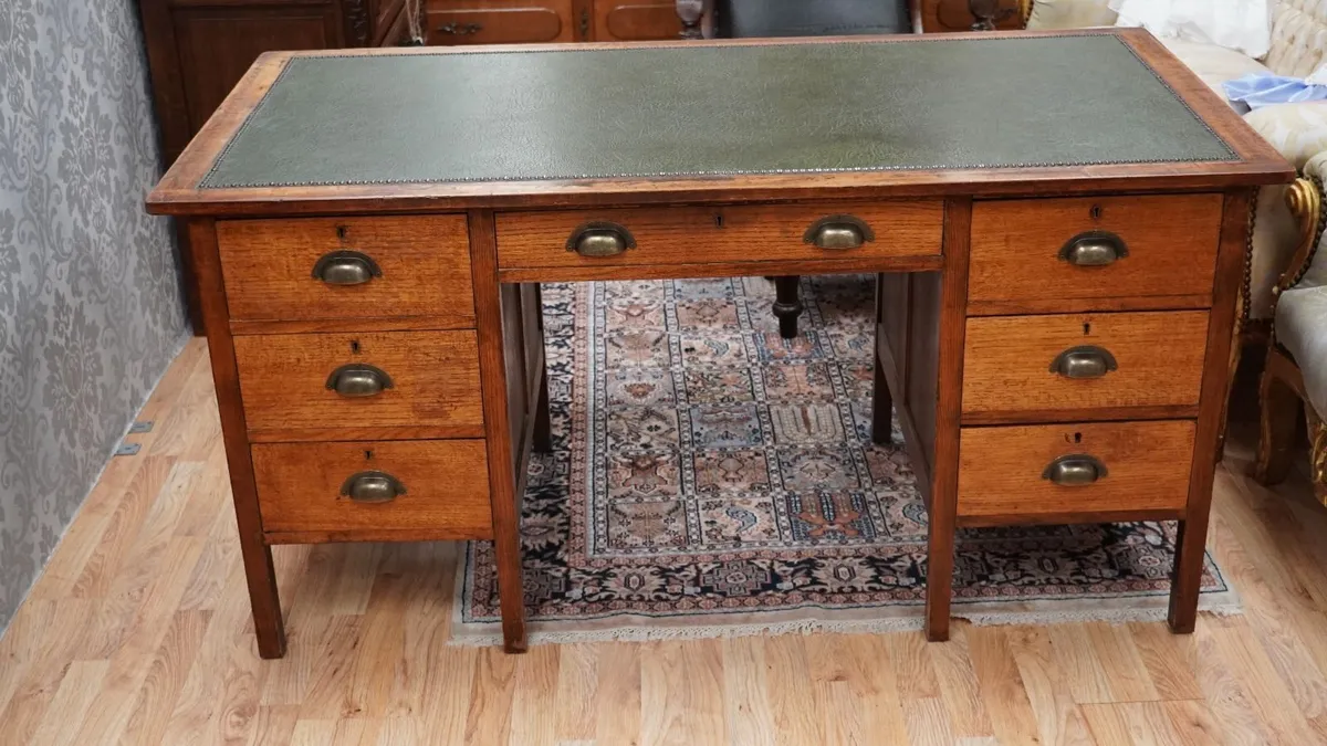 Vintage Oak Desk with Green Leather Top - Image 2