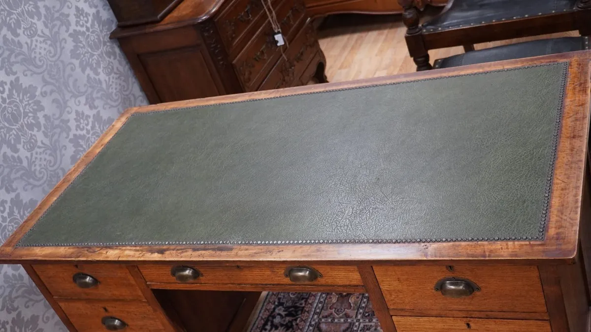Vintage Oak Desk with Green Leather Top - Image 3