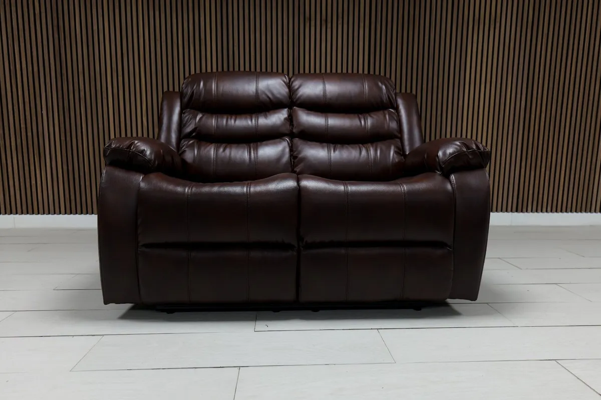 3+2 Brown & Cream Leather Recliner Sofa Set - Image 4