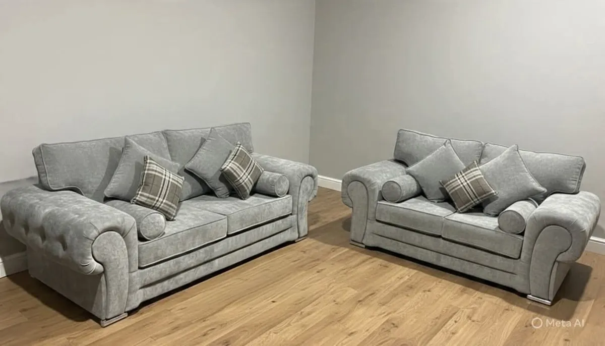 Verona 3+2 Grey Fullback Cushions Sofa Set - Image 1
