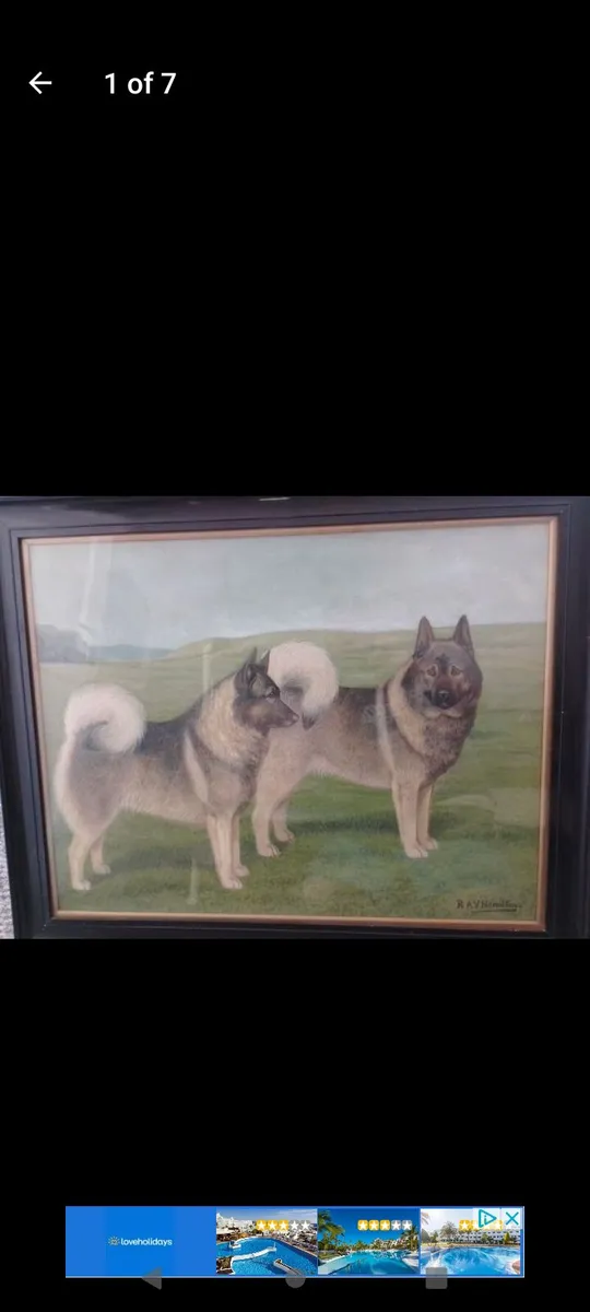 Antique R.A.V Hamilton Norwegian elkhounds oil pai - Image 1