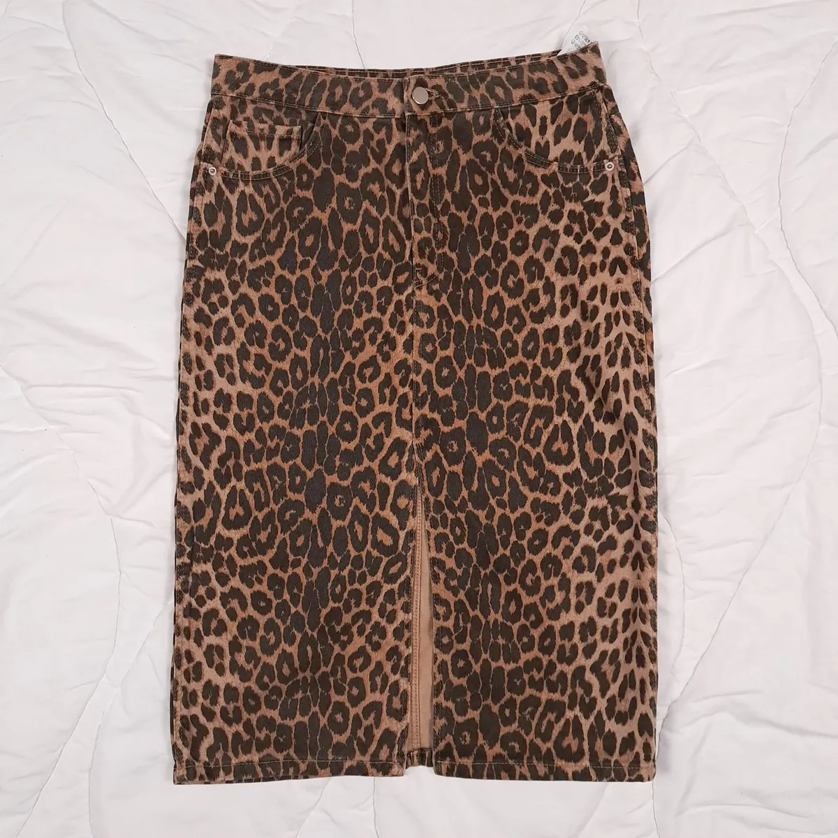 Zara Brown Leopard Denim Midi Skirt Size M - Image 4