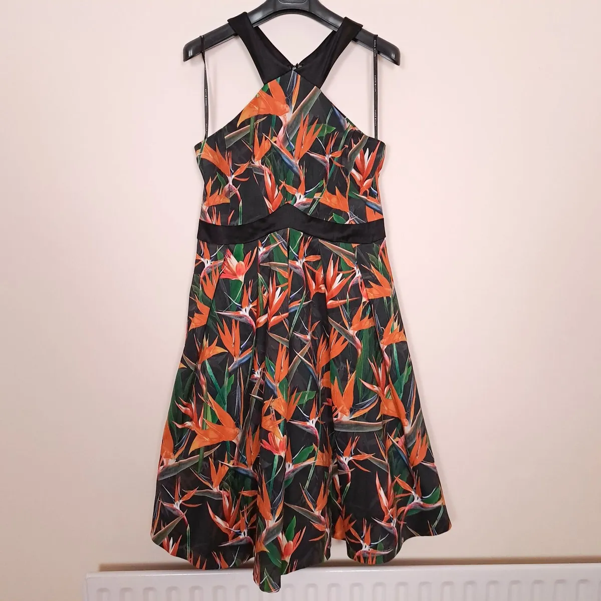 Karen Millen Black Orange Floral Flare Dress 14UK - Image 1