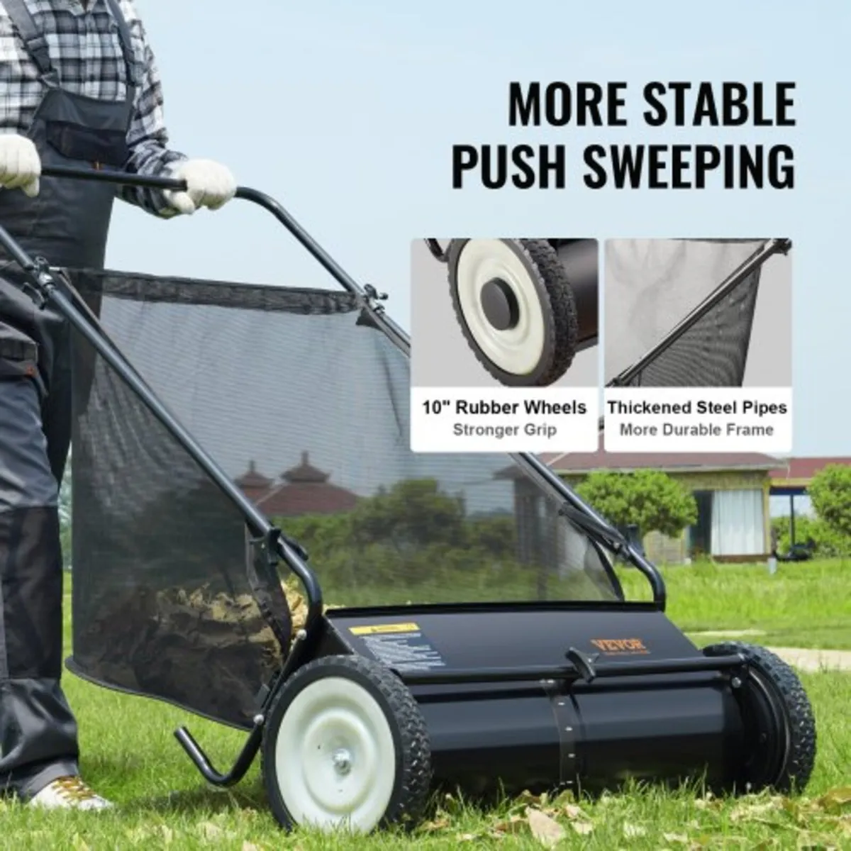 Push Lawn Sweeper, 26-inch Leaf & Grass Collector, - Image 3