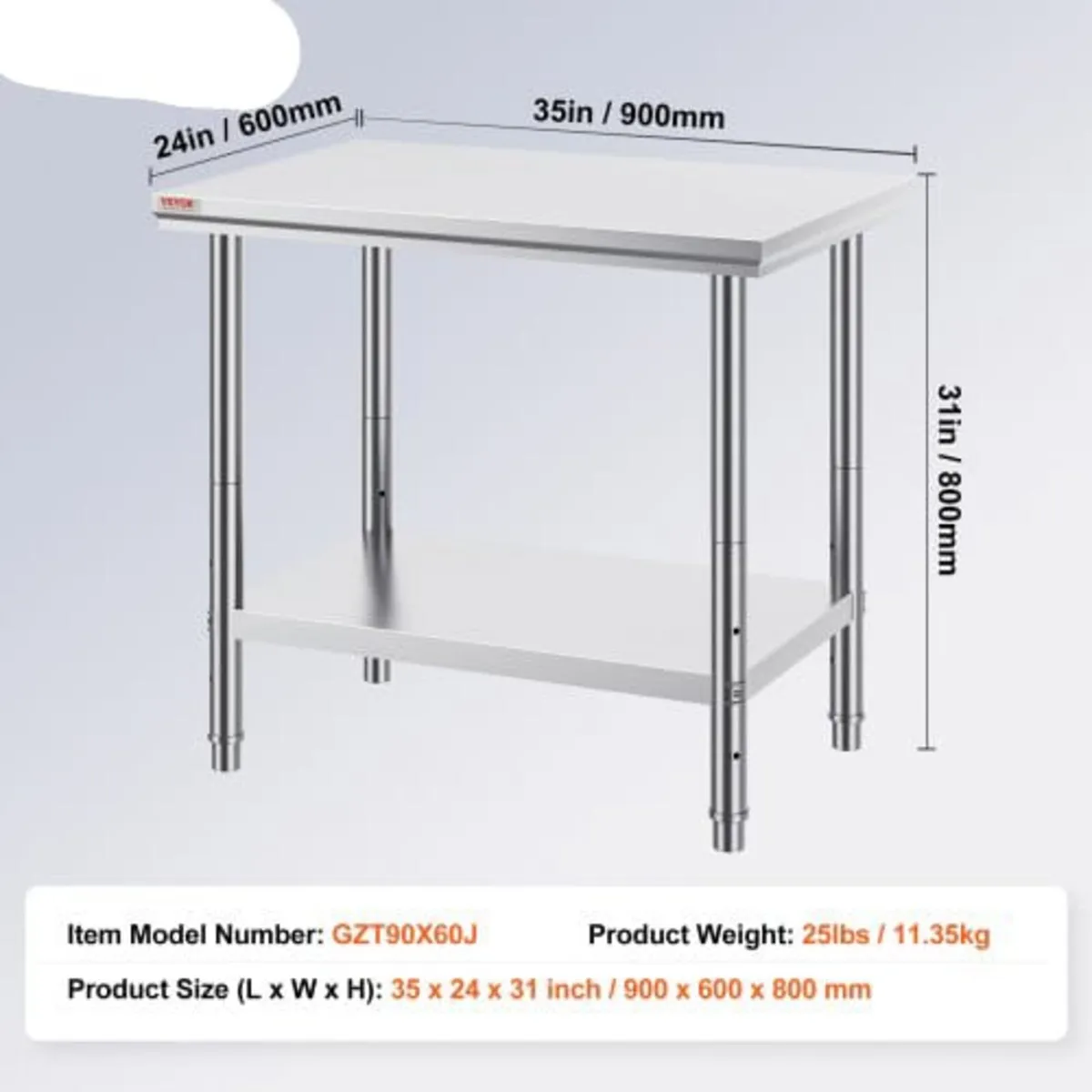 Stainless Steel Prep Table, 900x600x800 mm, 700 lb - Image 2