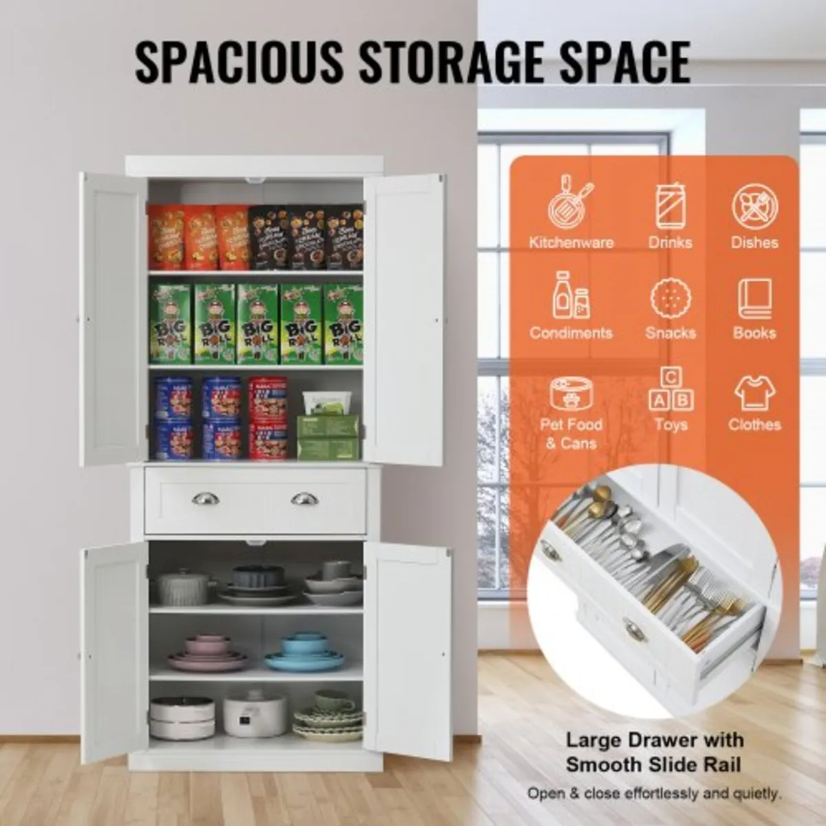 72" Kitchen Pantry Storage Cabinet, Freestanding U - Image 2