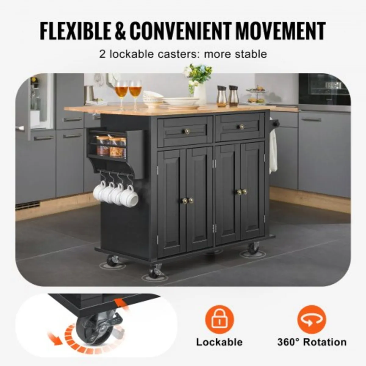 Kitchen Island Cart, 43" Wood Top Mobile Carts wit - Image 2