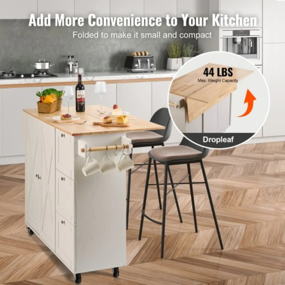 Kitchen Island Cart with Solid Wood Top, 115 cm Wi - Image 4