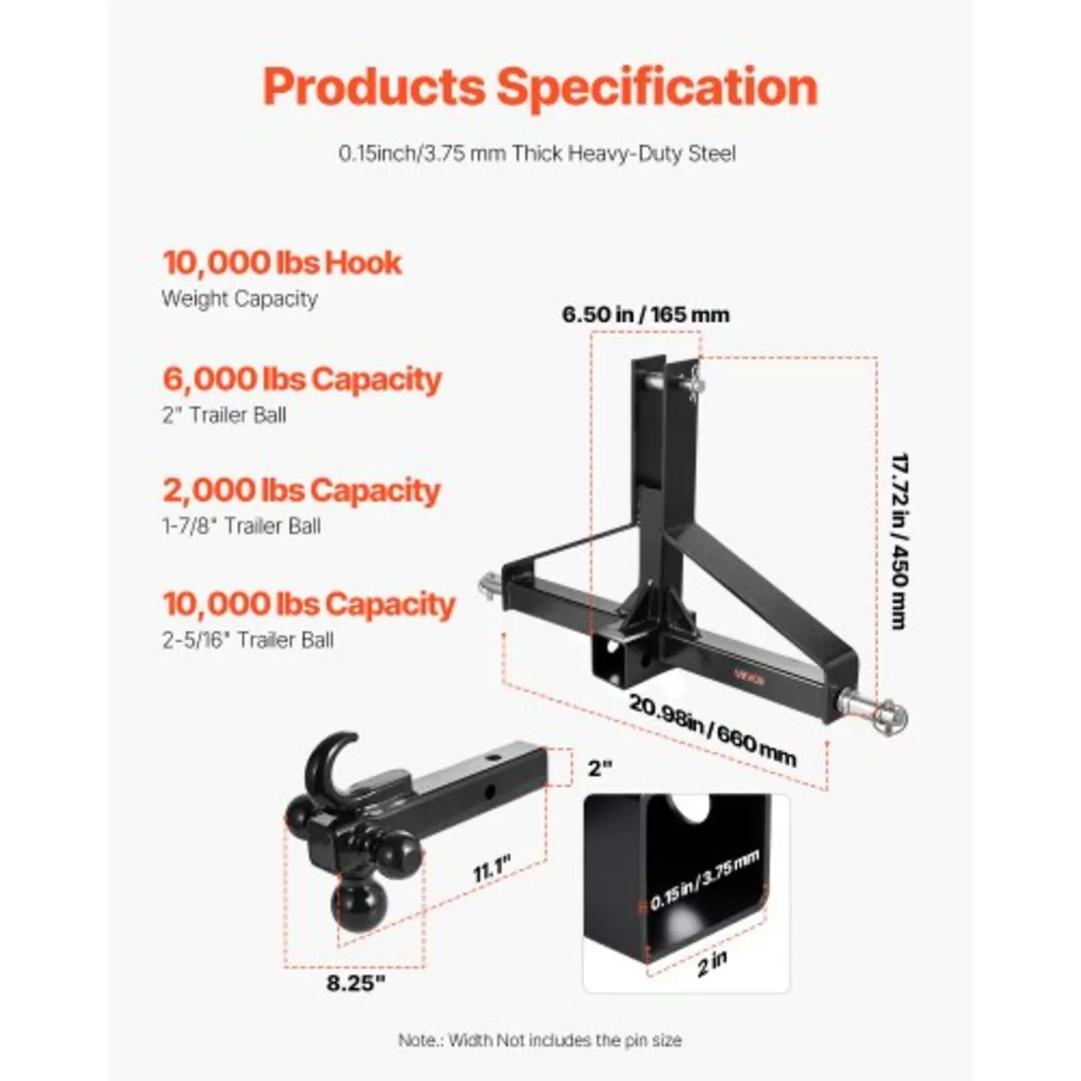 3 Point Trailer Hitch with 2 in Receiver, 3pt Quic - Image 4