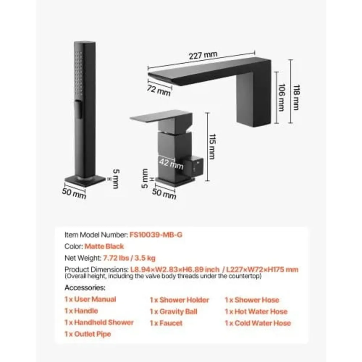 Black Roman Tub Faucet, 3 Hole Waterfall Bathtub F - Image 2