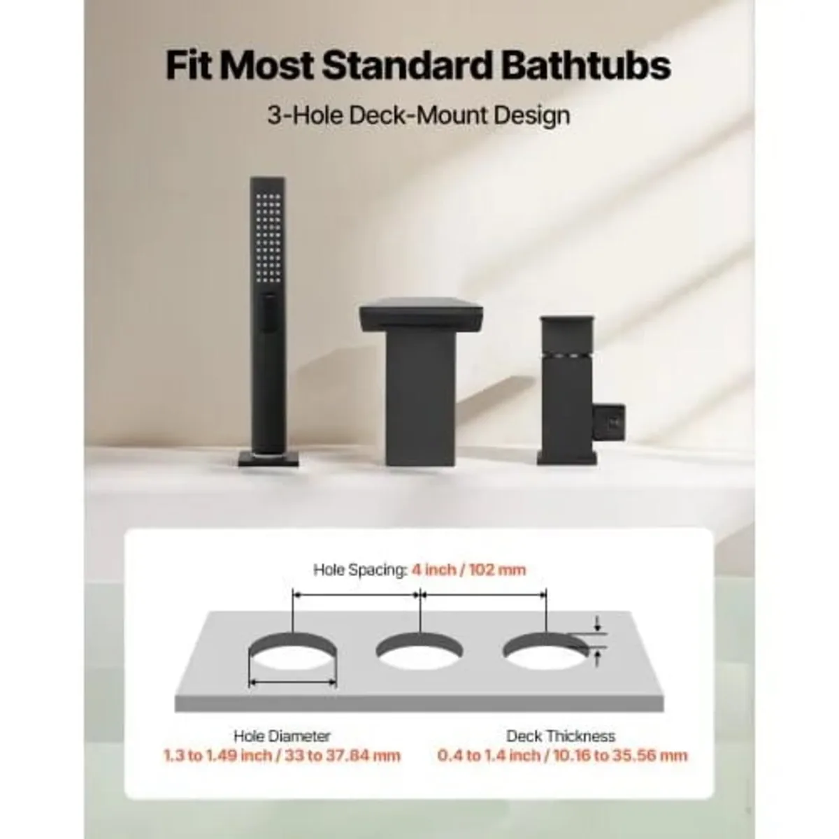 Black Roman Tub Faucet, 3 Hole Waterfall Bathtub F - Image 4