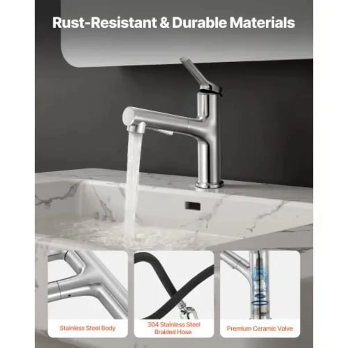 Single Handle Pull Out Faucet 1 or 3 Hole, Brushed - Image 3