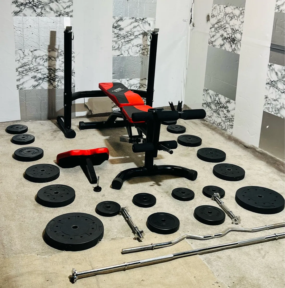 LARGE WEIGHT BENCH WEIGHTS BARBELL DUMBBLES - Image 1