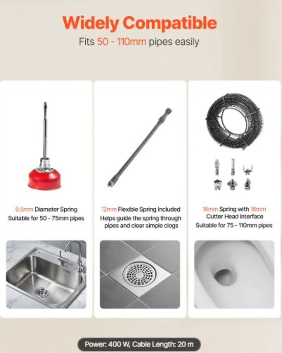 Drain Cleaner Machine, 400W 1400RPM Electric Pipe - Image 2
