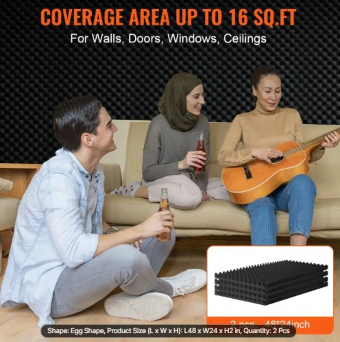 Acoustic Foam Panels, 2 Pack 48 x 24 x 2 inches, - Image 3