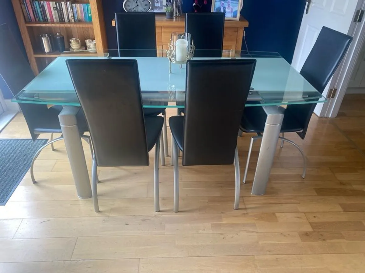 Glass & Chrome Dining Room Table with 6 Black leather and Chrome Chairs - Image 2