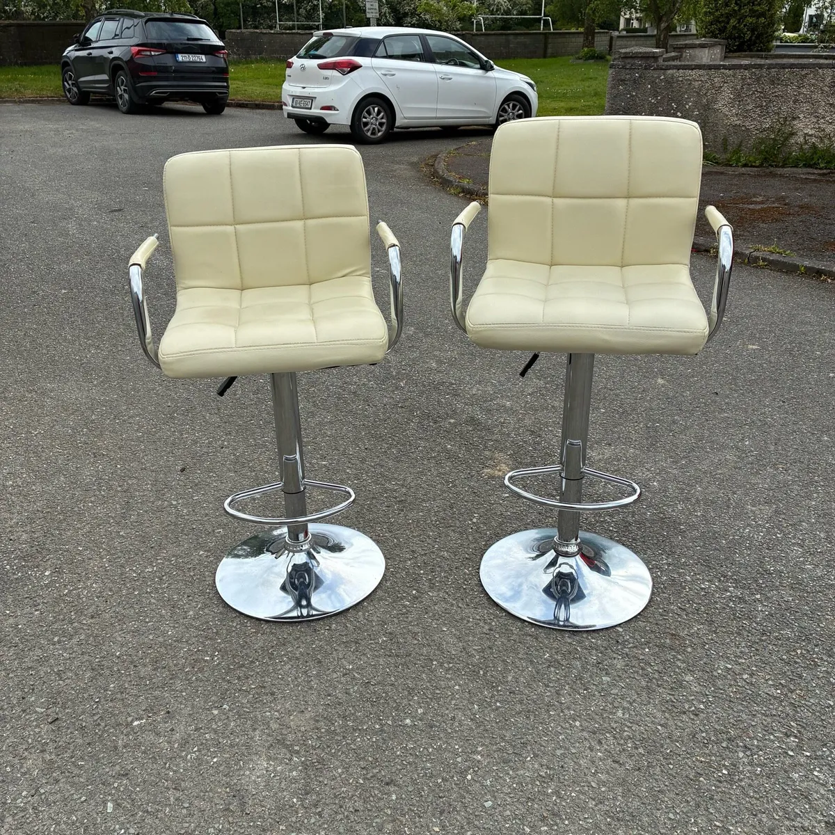 Two Adjustable, Swivel Cream Leather High Chairs - Image 2