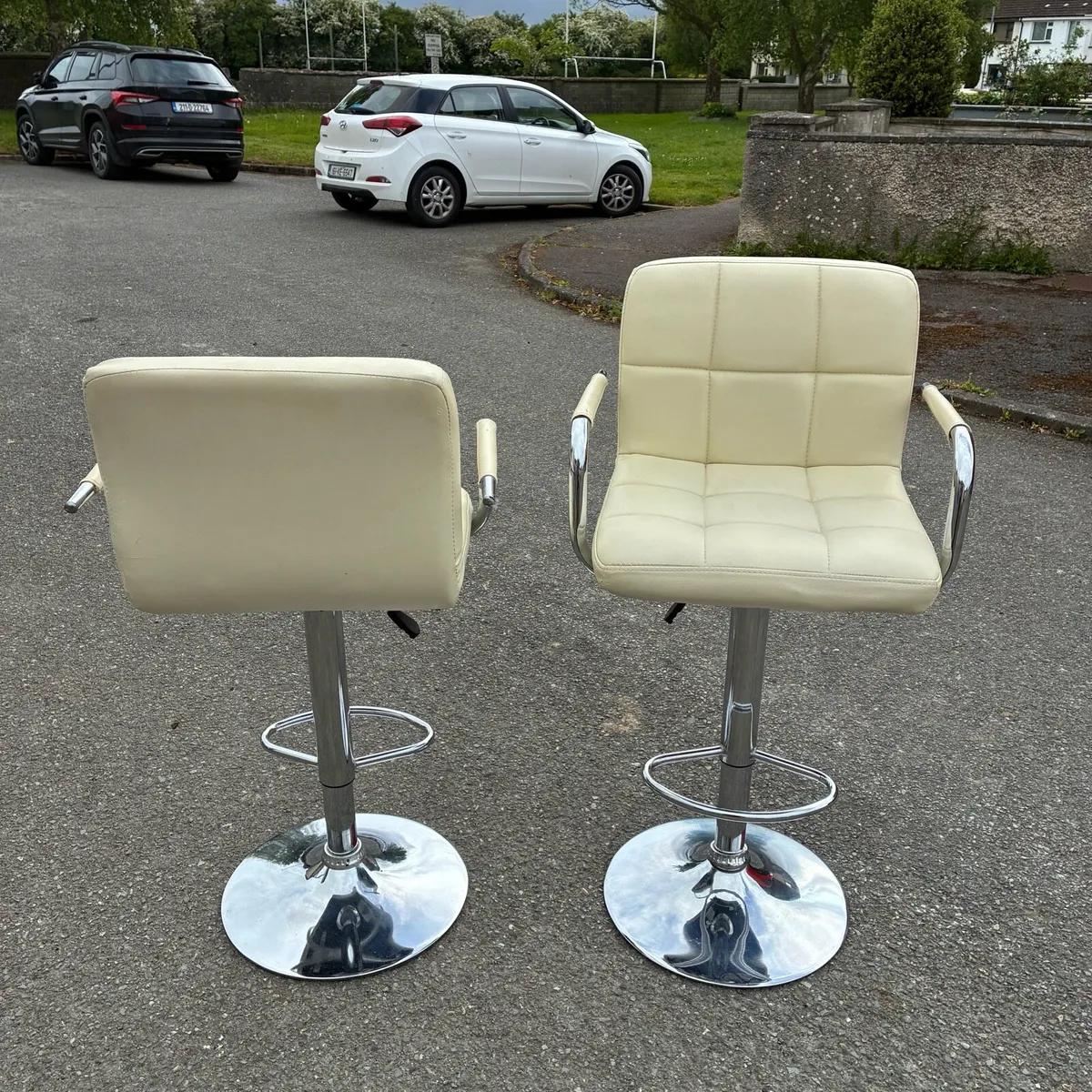 Two Adjustable, Swivel Cream Leather High Chairs - Image 3