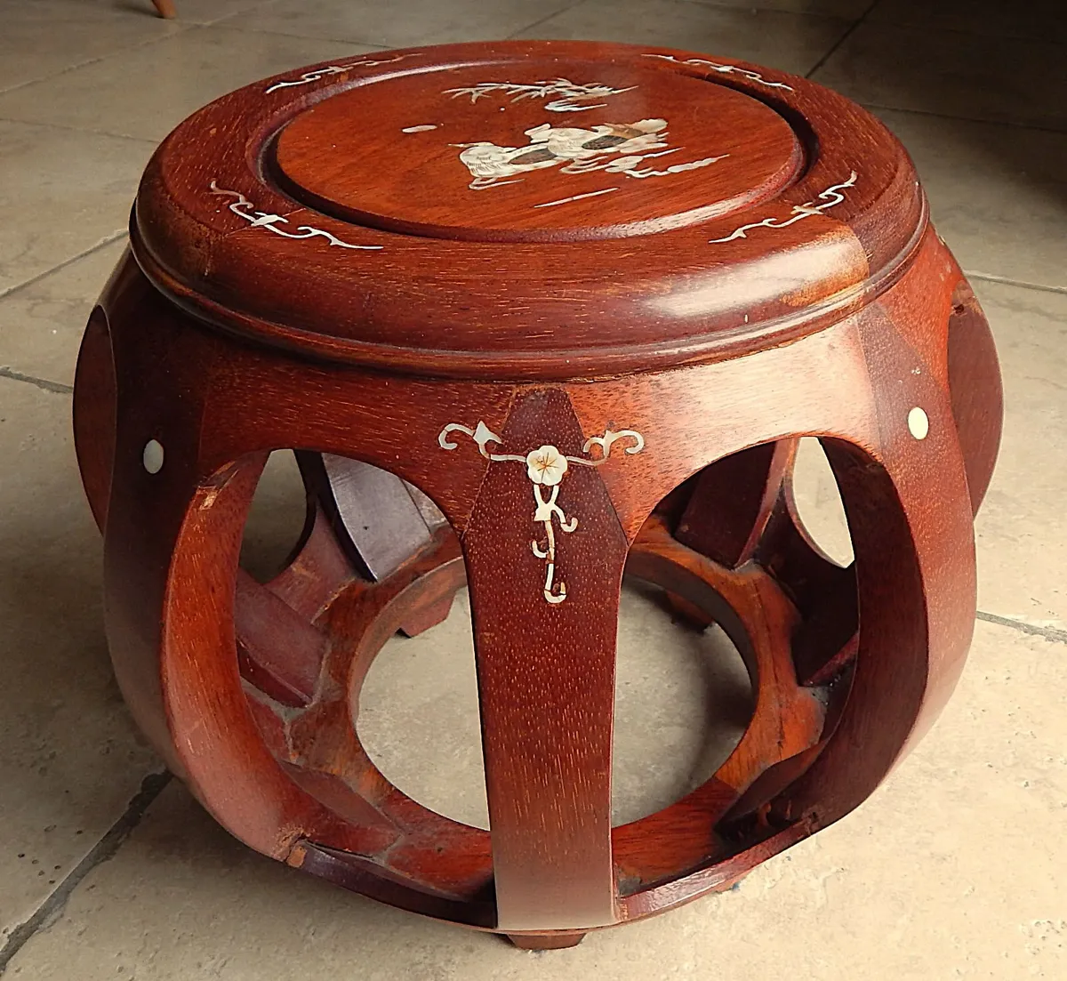 Mahogany Drum Stool with Mother of Pearl Inlay - Image 3