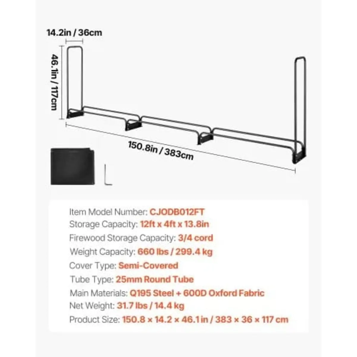 3.9m Outdoor Firewood Rack with Cover, 386 cm x 36 - Image 2