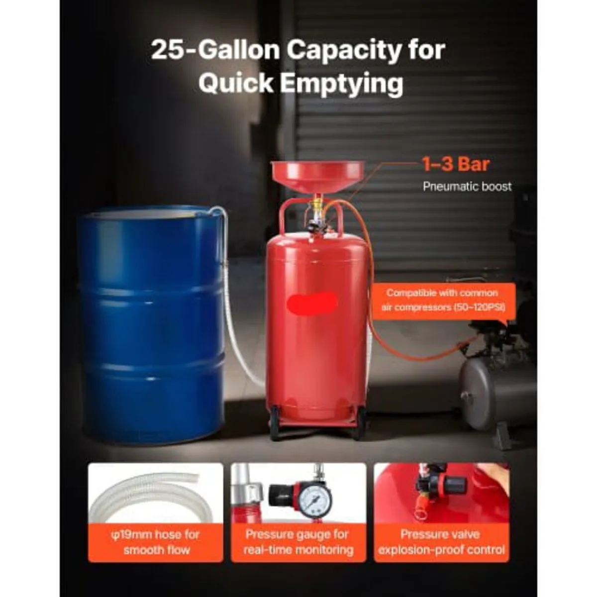 95L Waste Oil Drain Tank, Air Operated Portable Oi - Image 4