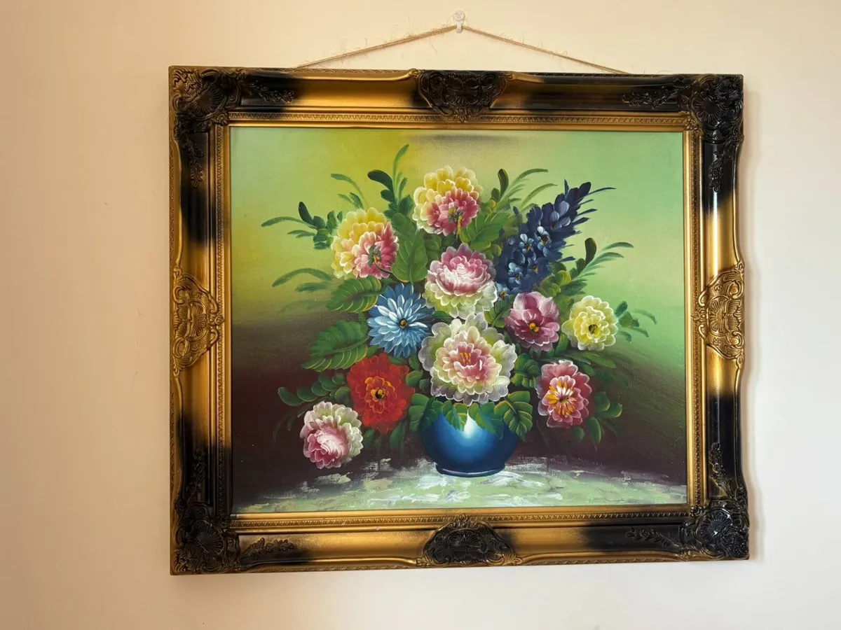 Large Framed Floral Painting – Vintage Style - Image 1