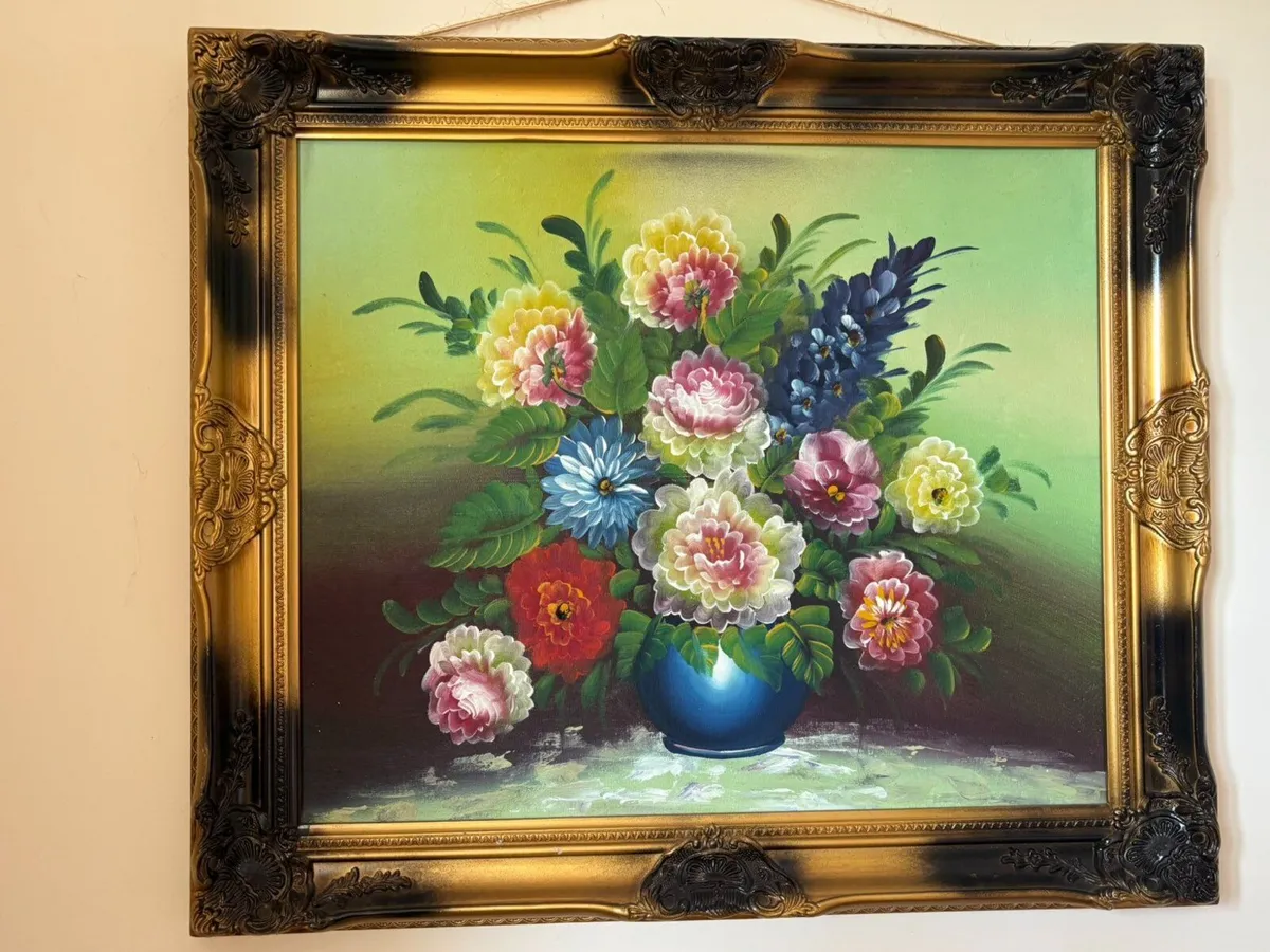 Large Framed Floral Painting – Vintage Style - Image 2