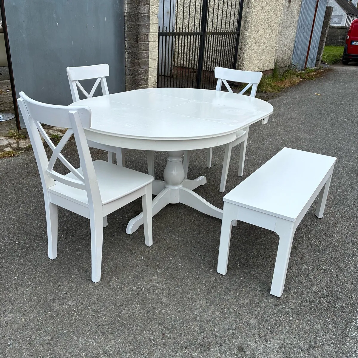 Solid White Extending table 3 Chairs & Bench - Image 2