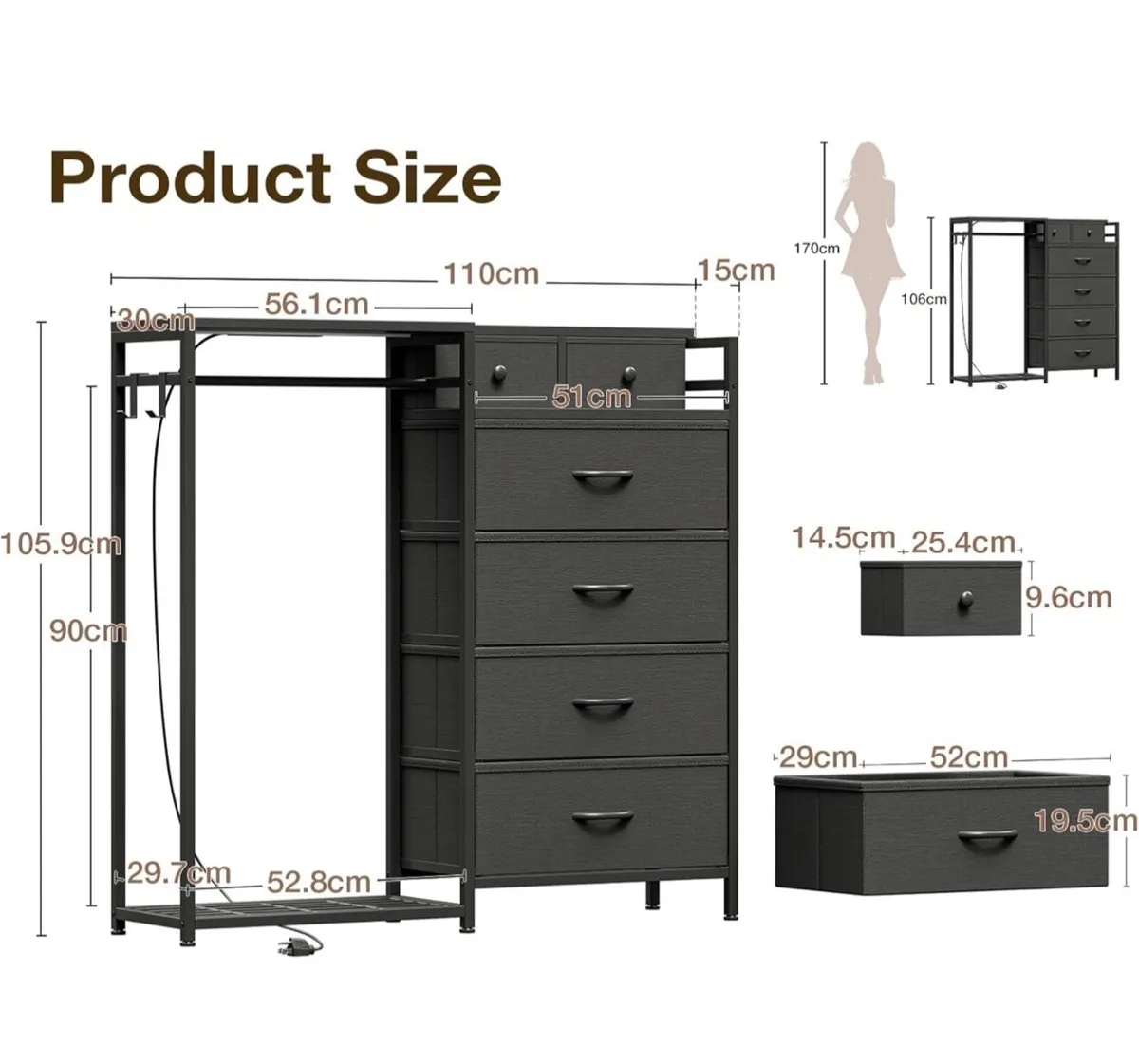 Chest of Drawers Bedroom with Hanging Rail, Built- - Image 2