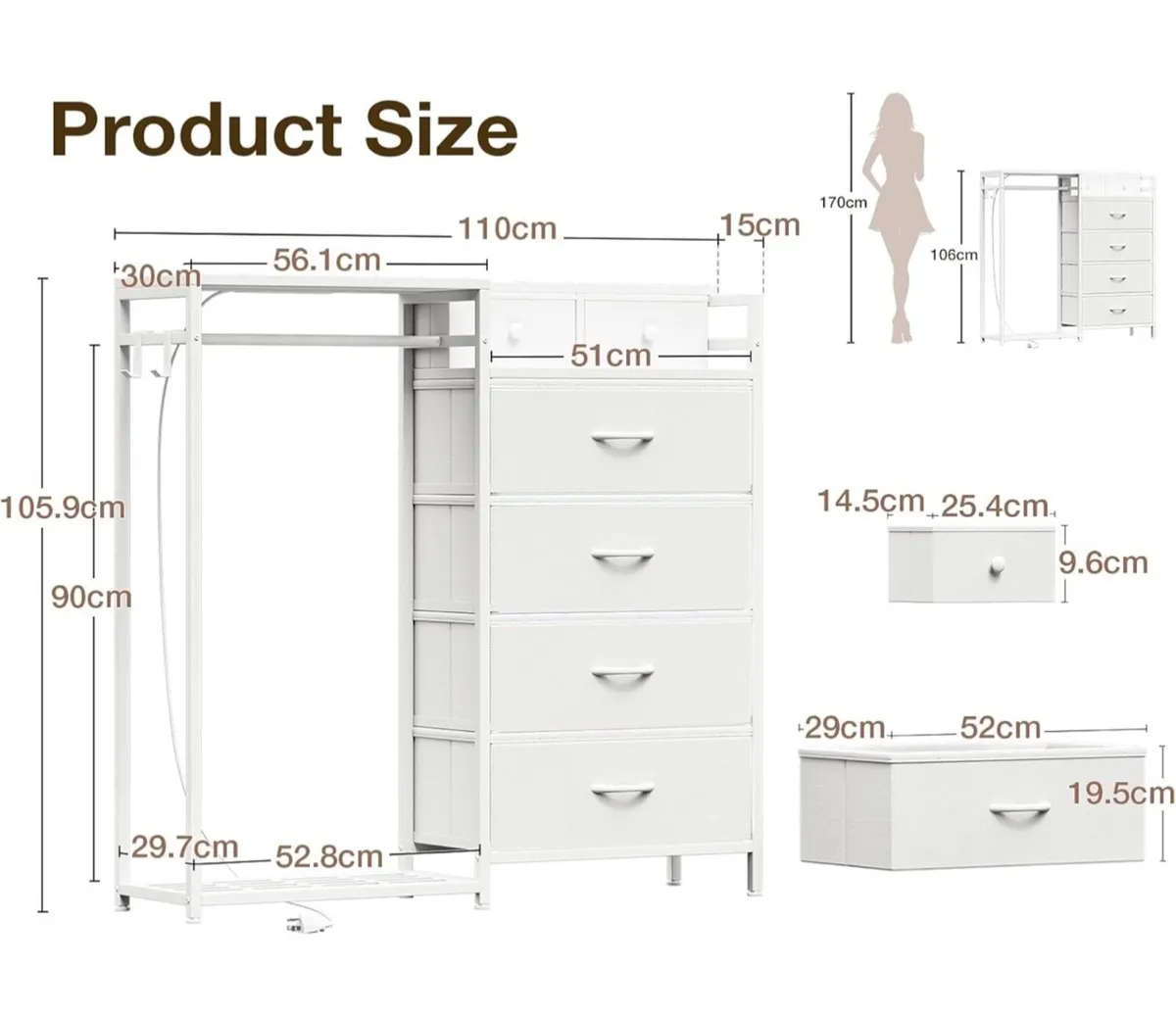 Chest of Drawers Bedroom with Hanging Rail, Built- - Image 2