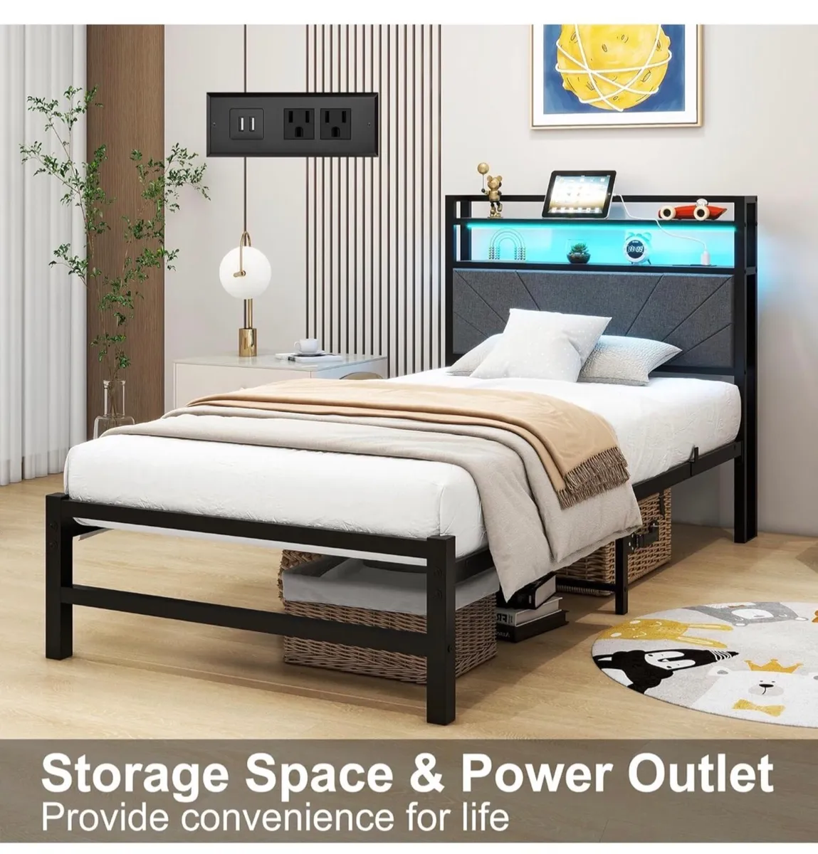 3ft Single Size Bed Frame with LED Lights Storage - Image 1