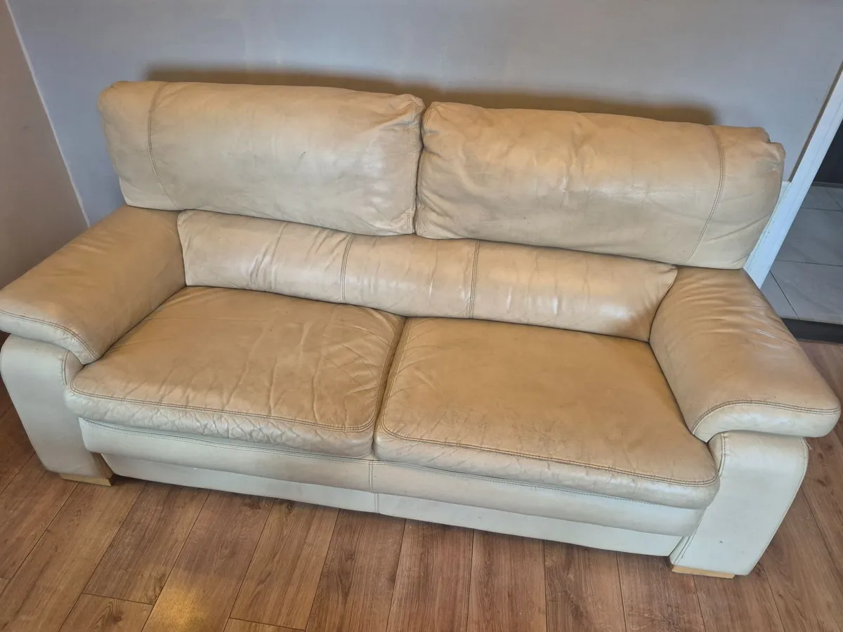 Premium cream leather Sofa-3 seater. 1 grey Chair - Image 2