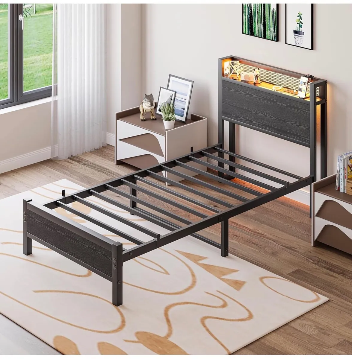 3ft Single Bed Frame with Storage Headboard Shelf, - Image 3