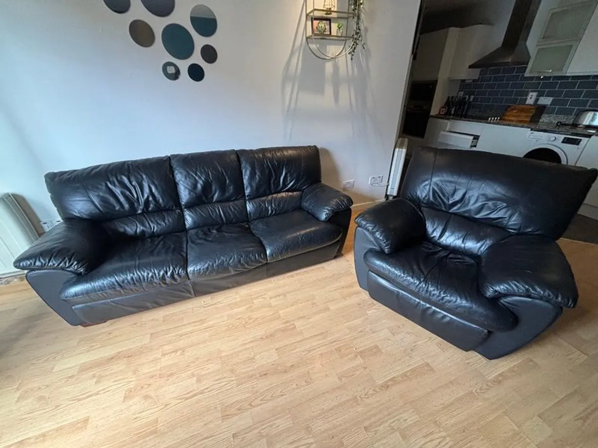 Black Leather Sofa & Recliner - Image 1