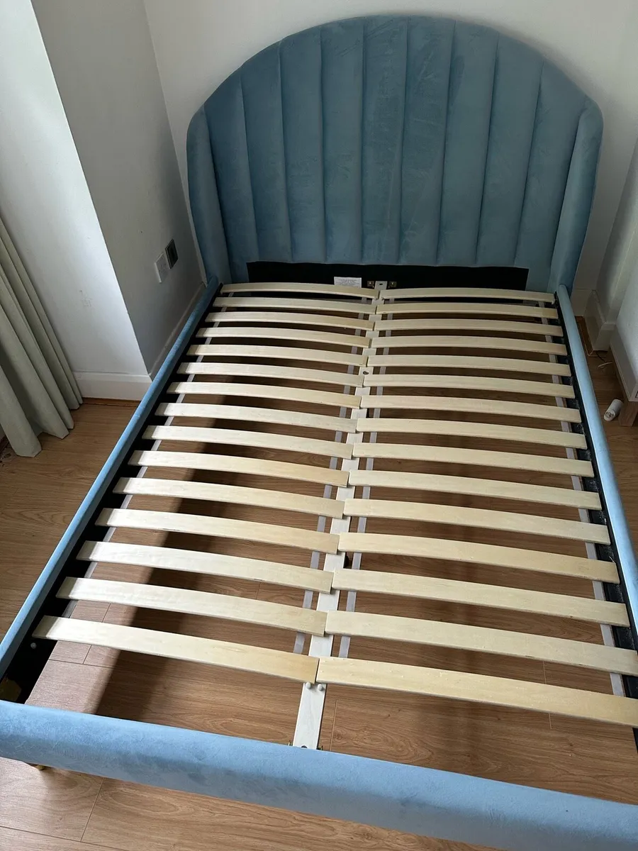 Velvet light blue double bed with mattress - Image 1