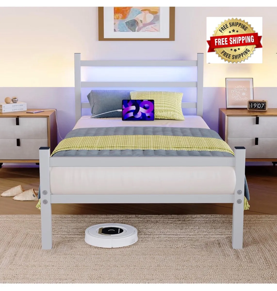Single Bed Frame with Headboard & LED Lights - Image 1