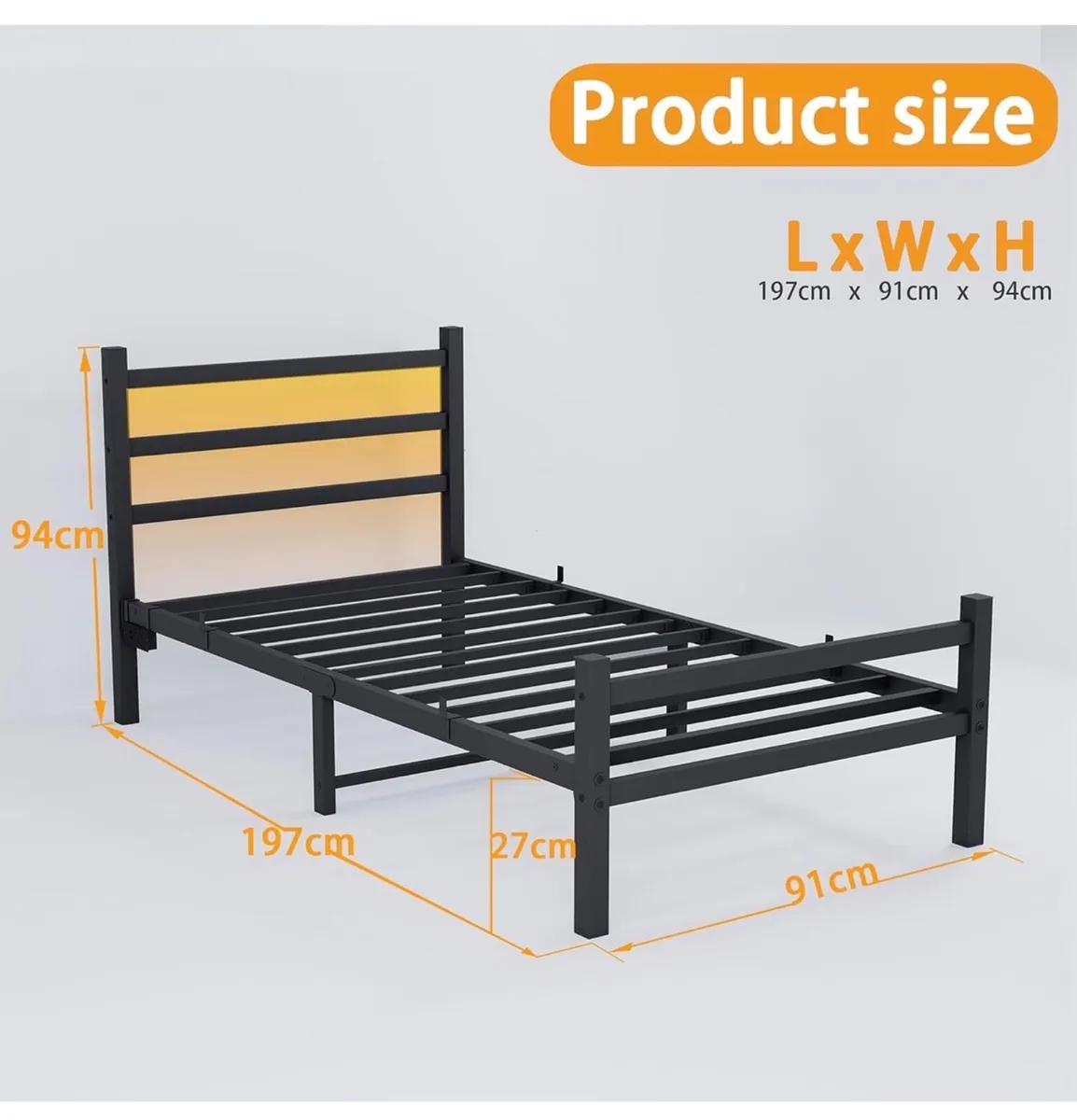 3ft Single Bed Frame with Headboard & LED Lights - Image 2