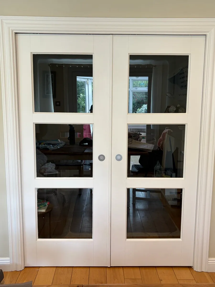 Glass & Wood Pocket Doors with Wall Tracks - Image 1