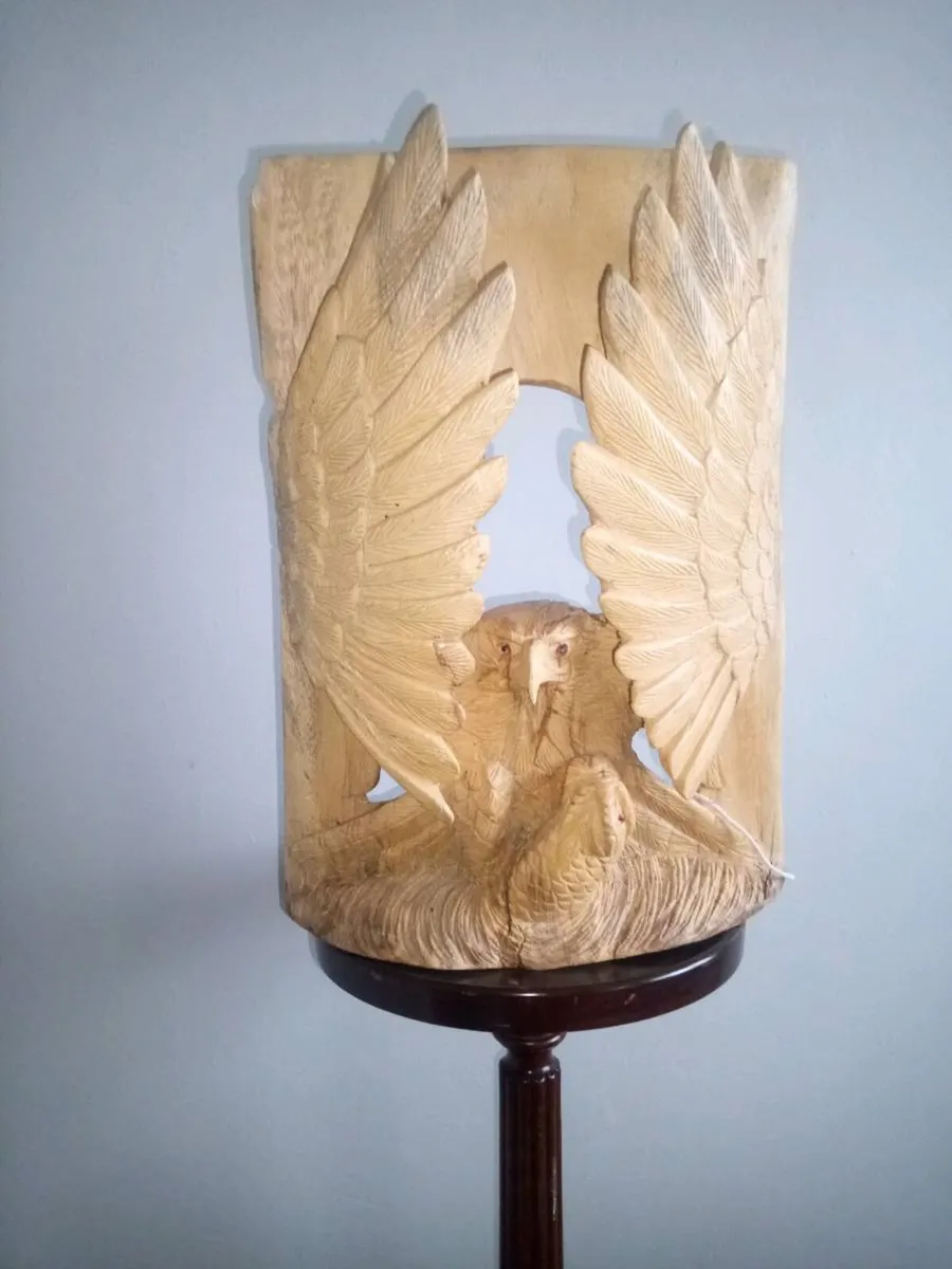 Hand Carved Wooden White Tailed Eagle with Fish - Image 1