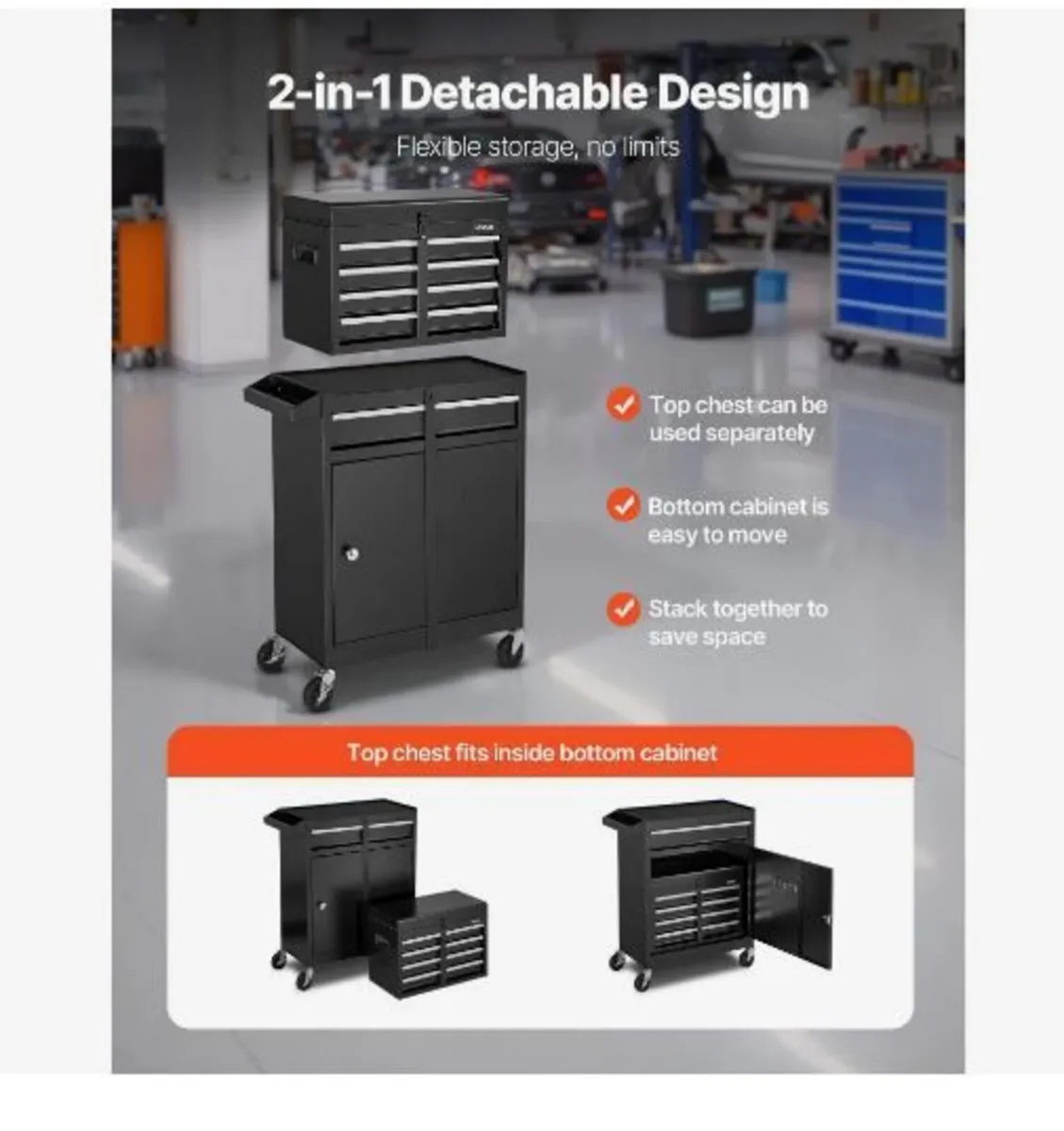 Rolling Tool Chest, 2-in-1 Design, 5 Drawers Tool - Image 2